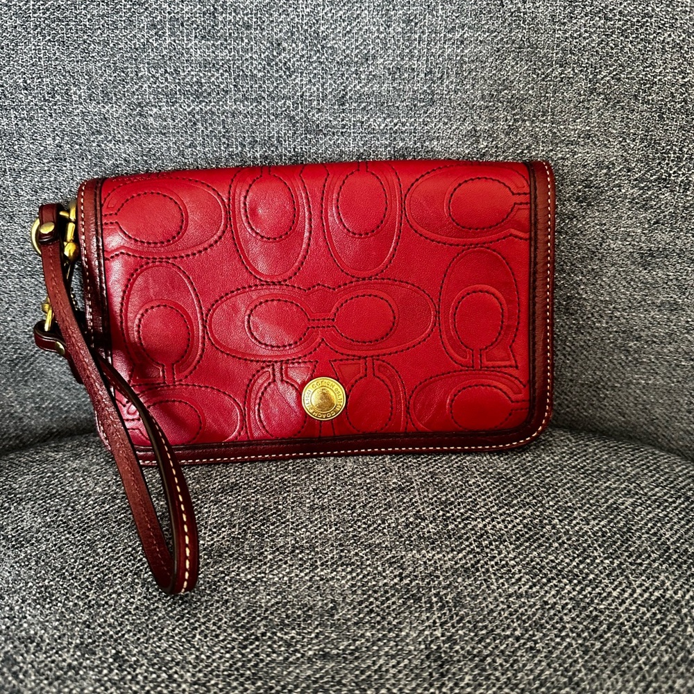 Coach Embossed Red Leather Wristlet